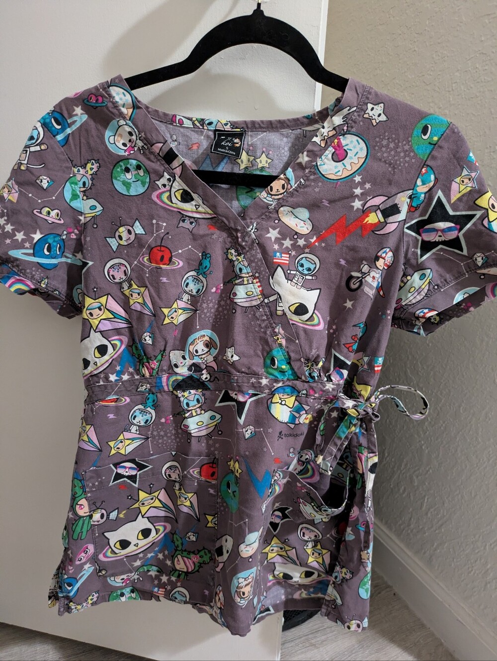 tokidoki Gray Space Character Wrap Scrub Top